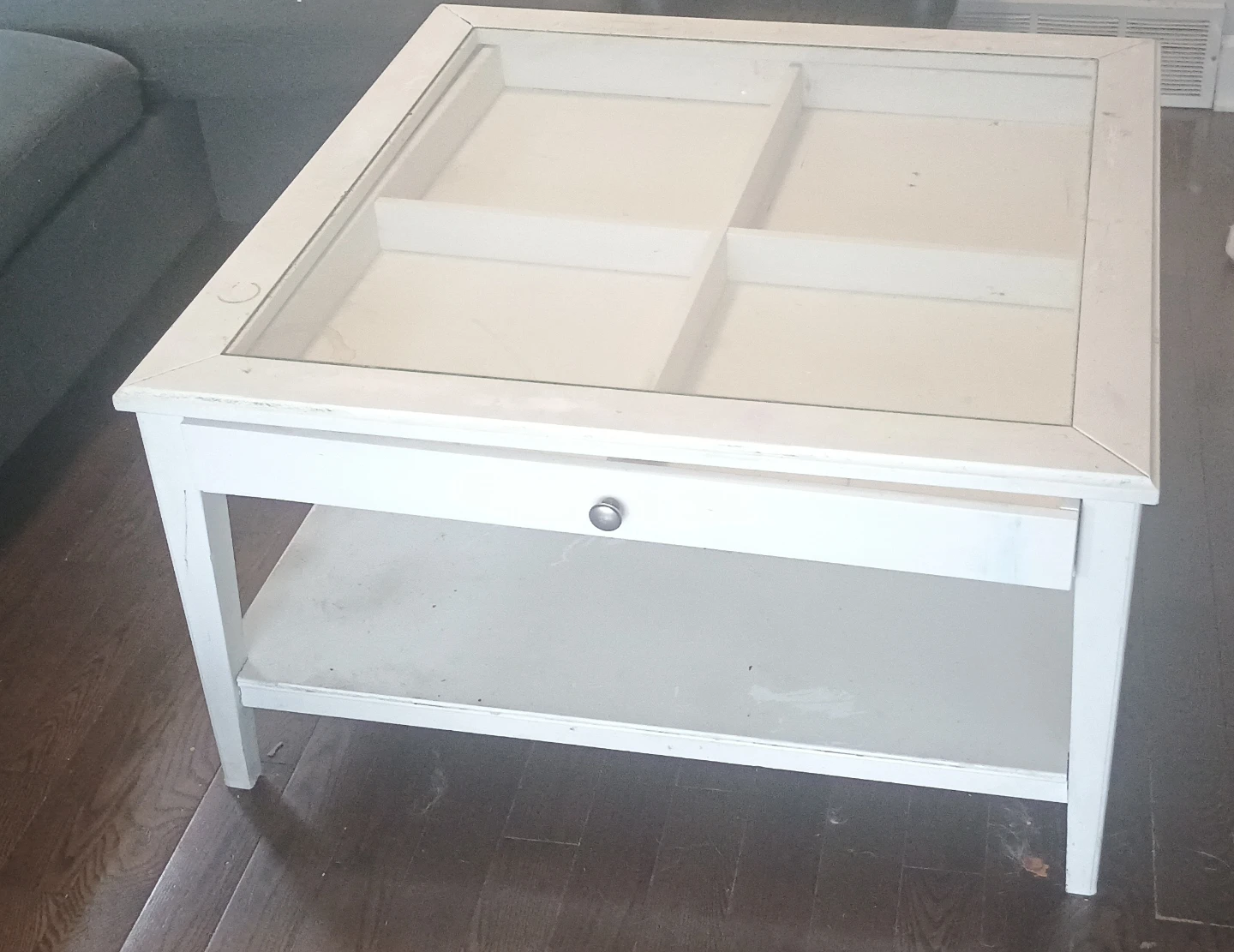 White Coffee Table with Glass Top and Drawer