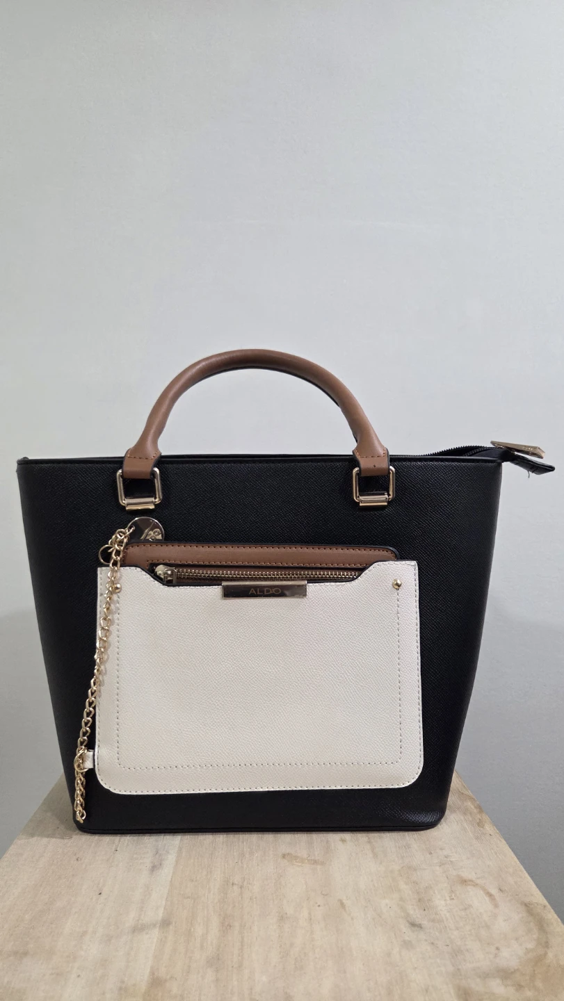 ALDO Black Faux Leather Tote Bag with White Pouch