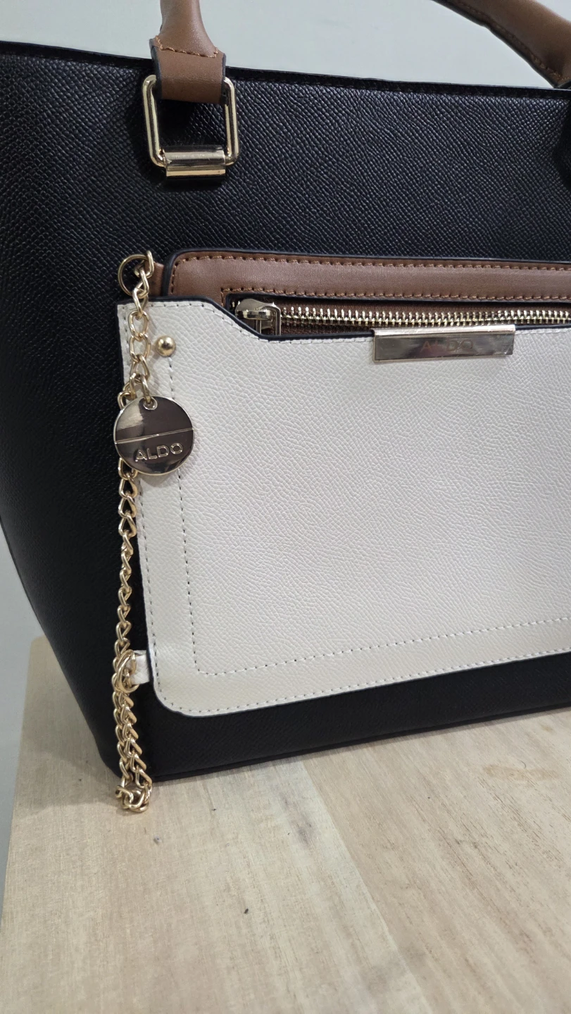 ALDO Black Faux Leather Tote Bag with White Pouch - photo 2