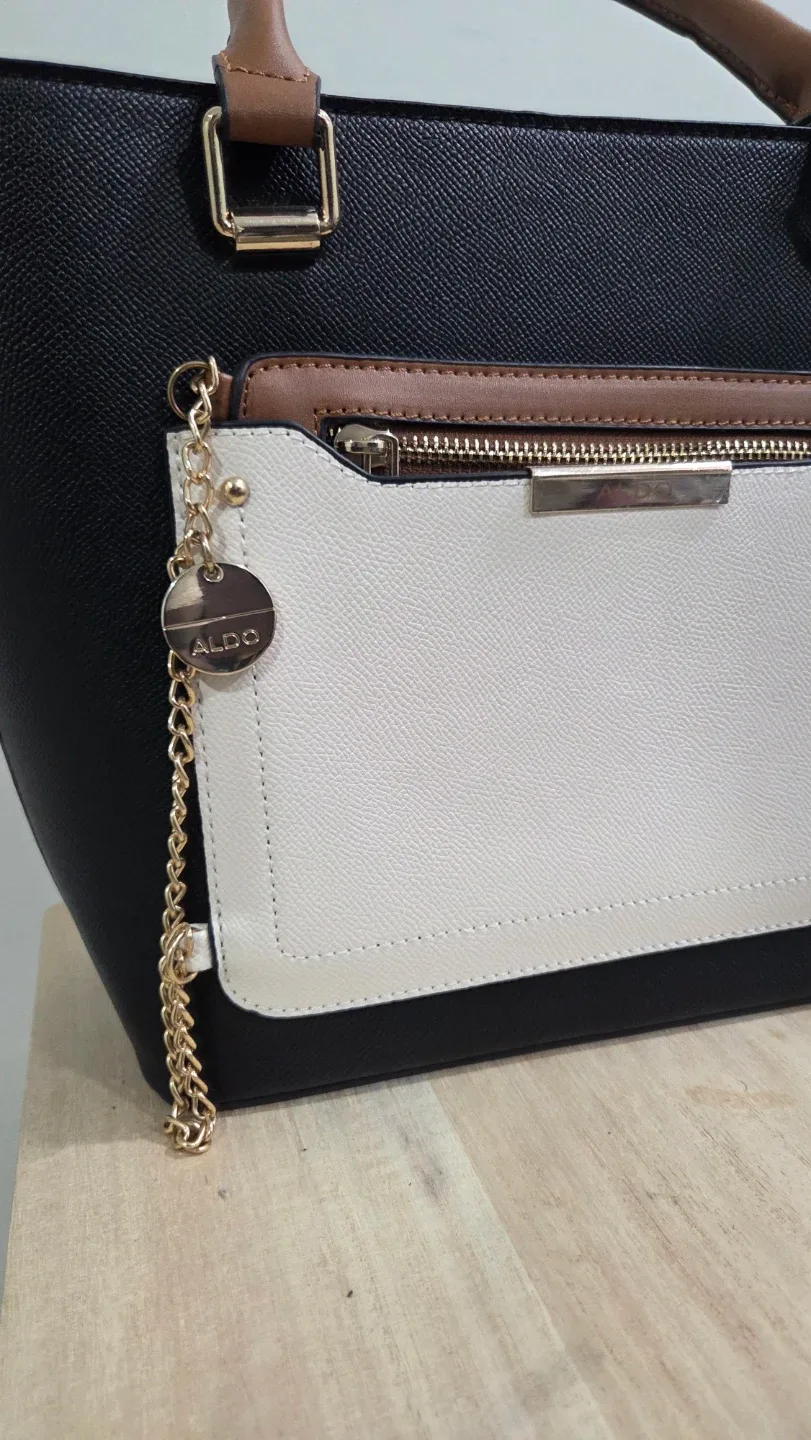 ALDO Black Faux Leather Tote Bag with White Pouch - photo 2