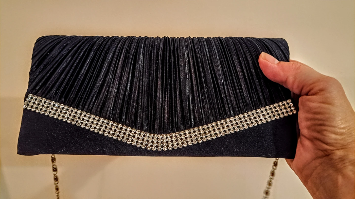 Black Pleated Clutch Bag with Rhinestones