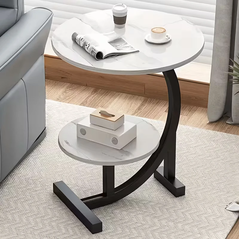 Brand New Modern C-Shaped Side Table – White Marble-Look Finish