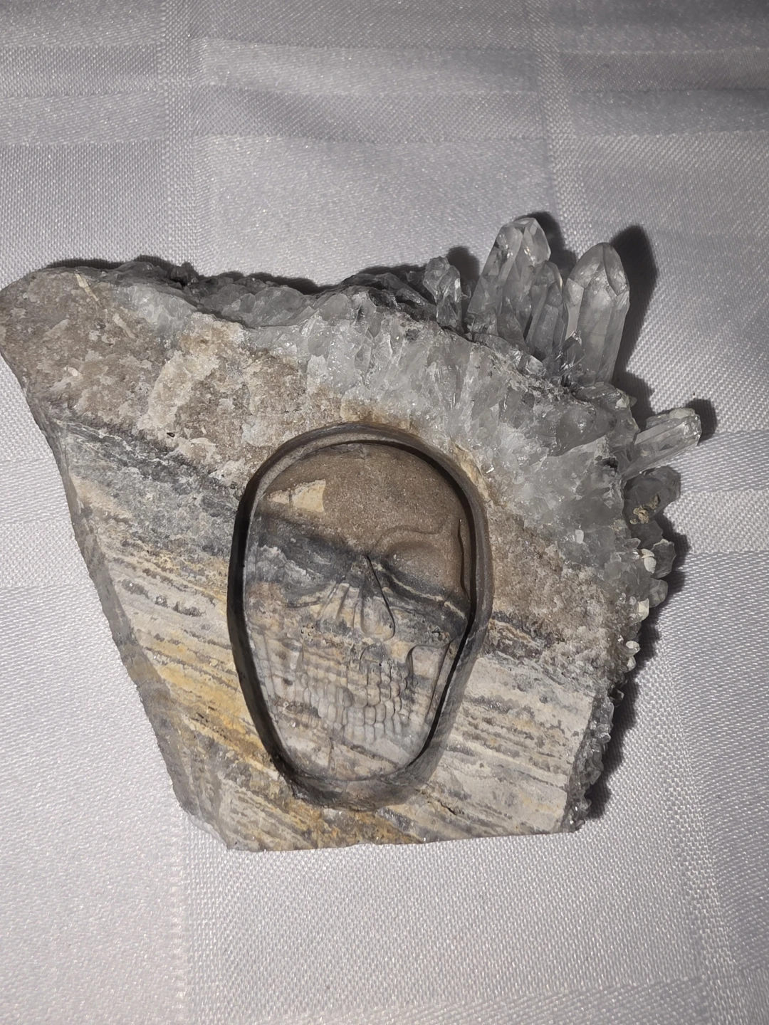 Carved Skull Quartz Crystal Geode