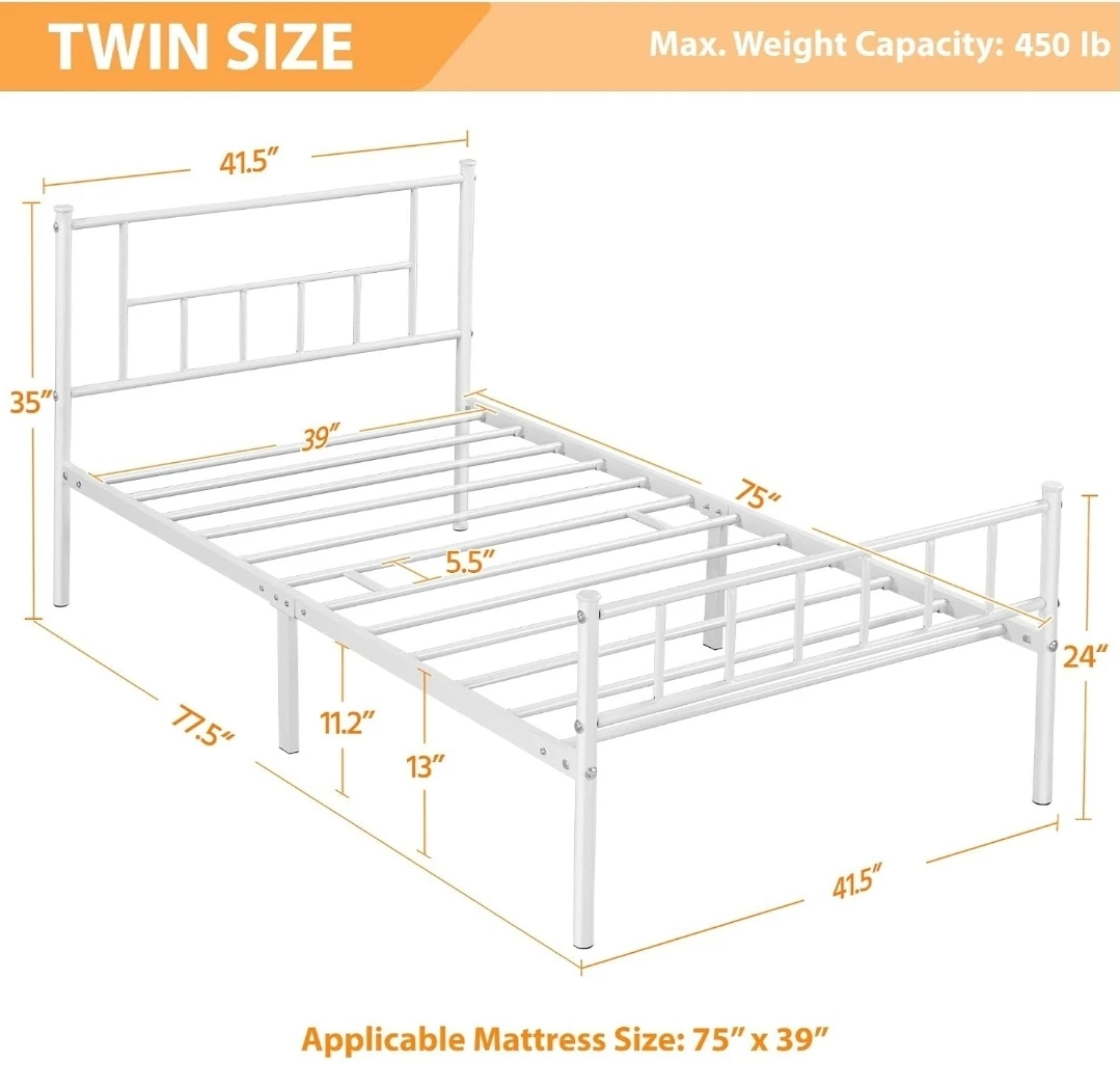 White Twin Size Metal Bed Frame with Headboard - photo 2
