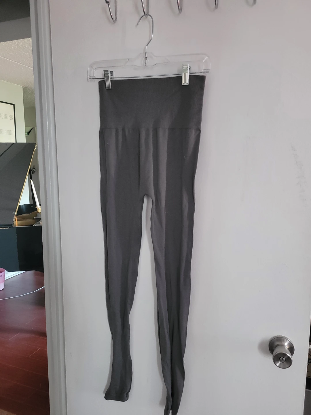 Grey Ribbed High-Waisted Leggings
