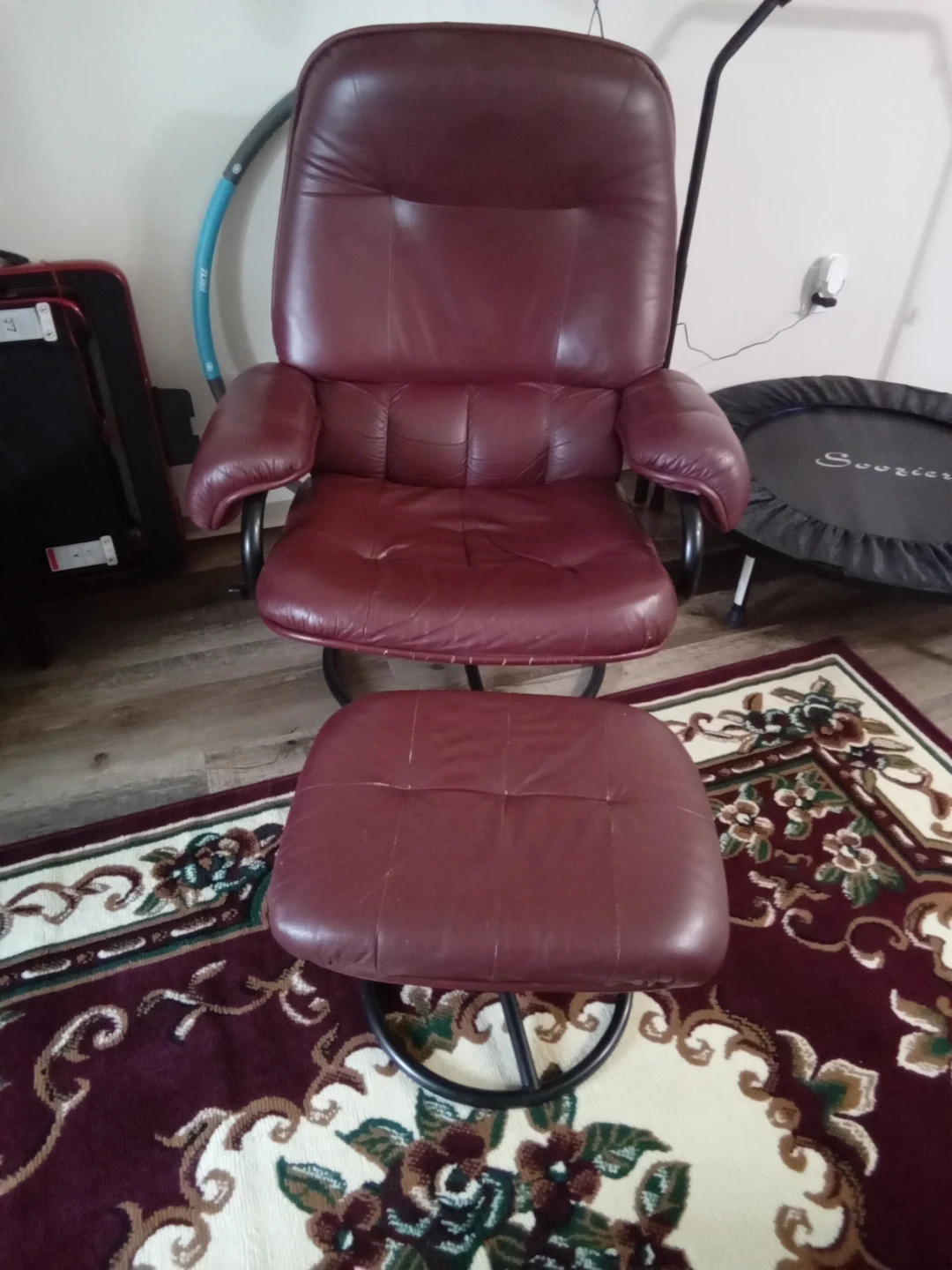 Burgundy Leather Recliner Chair with Ottoman