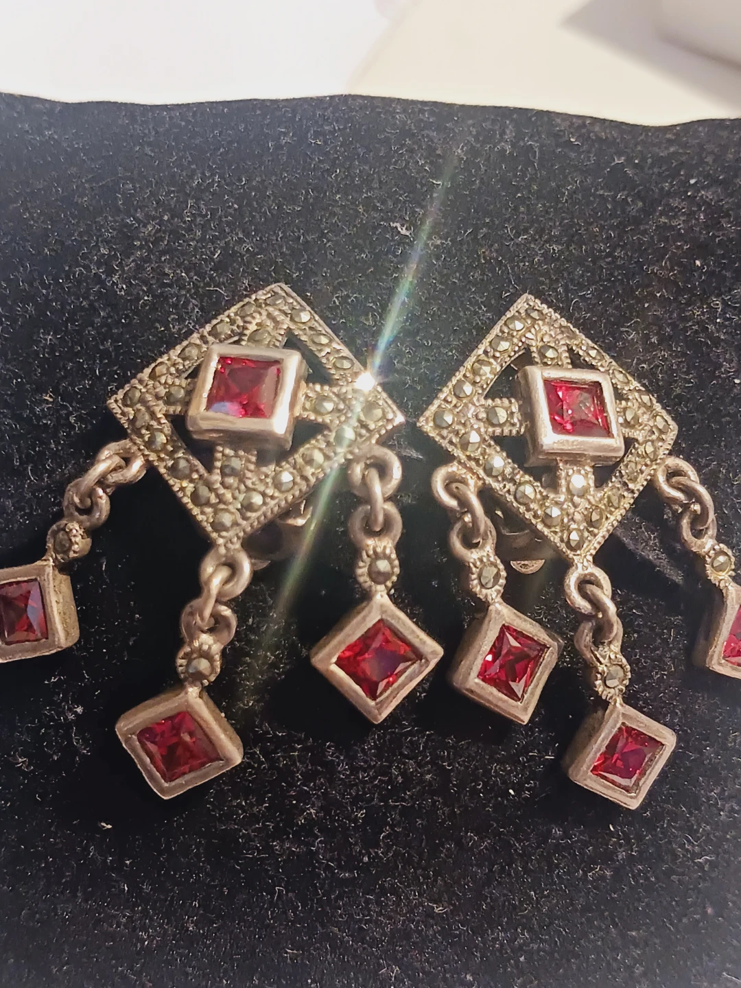 Art Deco Sterling Silver Marcasite Garnet Stone Earrings - photo 3