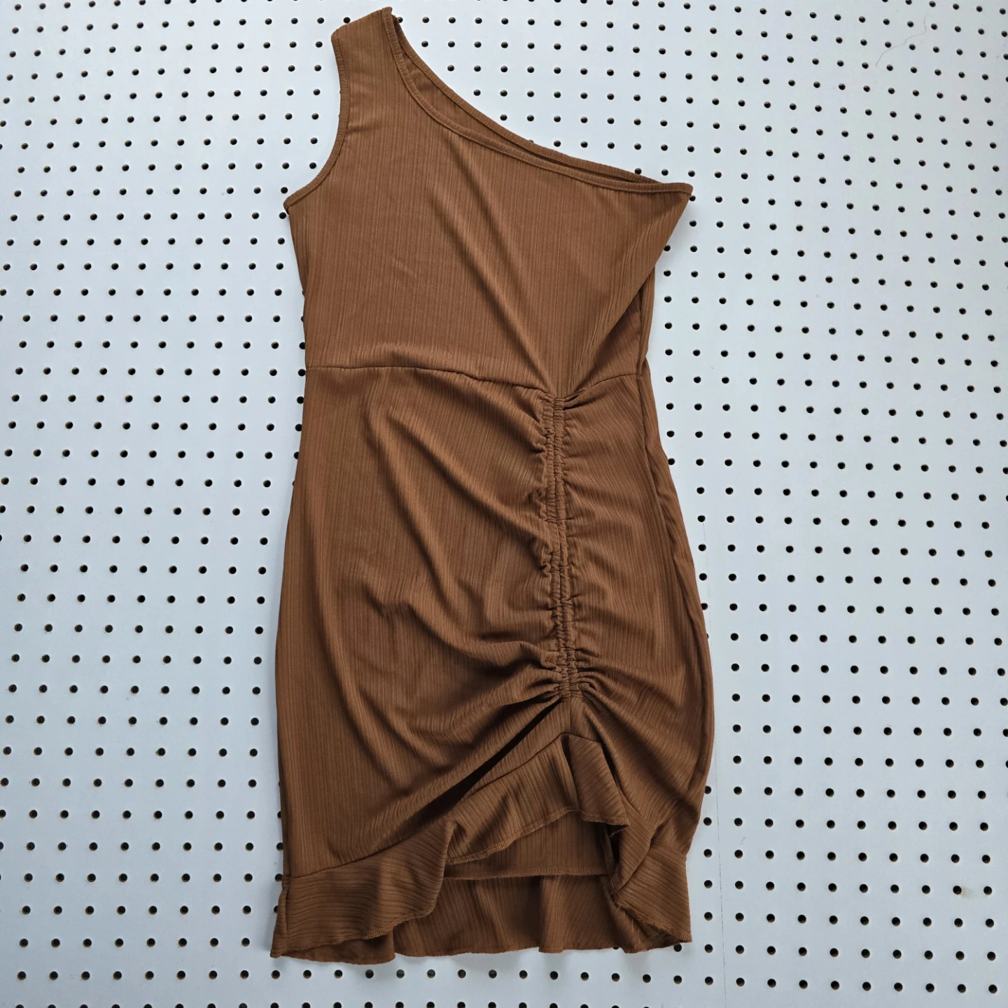 Brown Ribbed One Shoulder Ruched Mini Dress