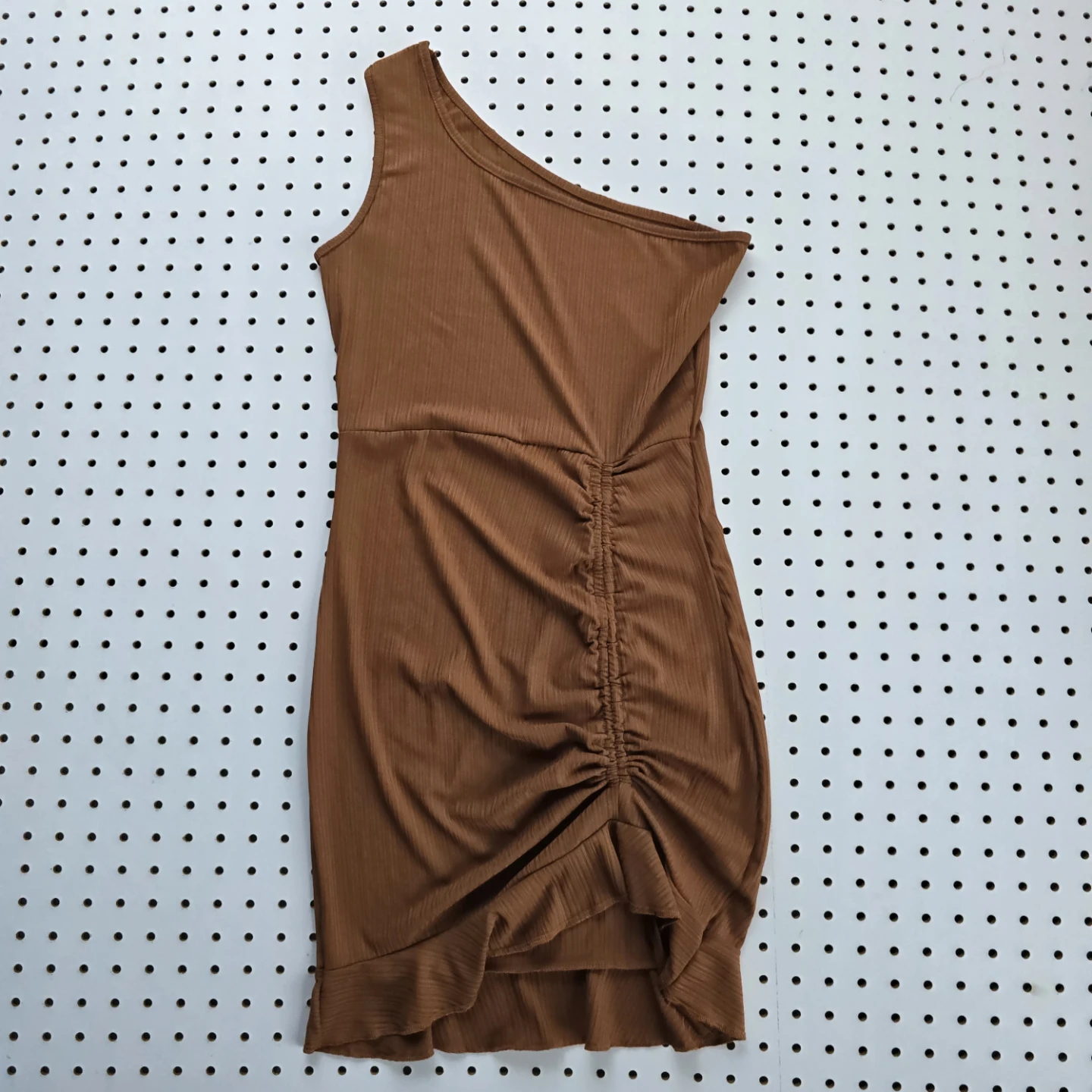 Brown Ribbed One Shoulder Ruched Mini Dress - photo 2