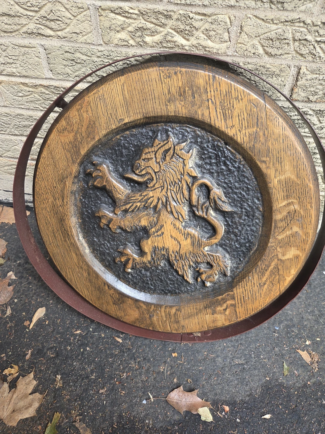 Wooden Barrel Sign with Lion Emblem