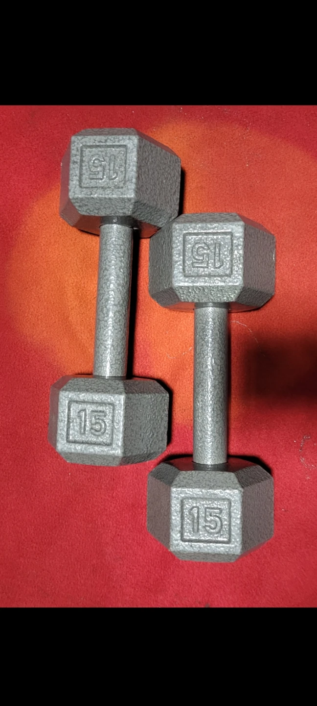 SET OF  15s. RUBBER COATED HEXHEAD DUMBBELLS  TOTAL 30LBs