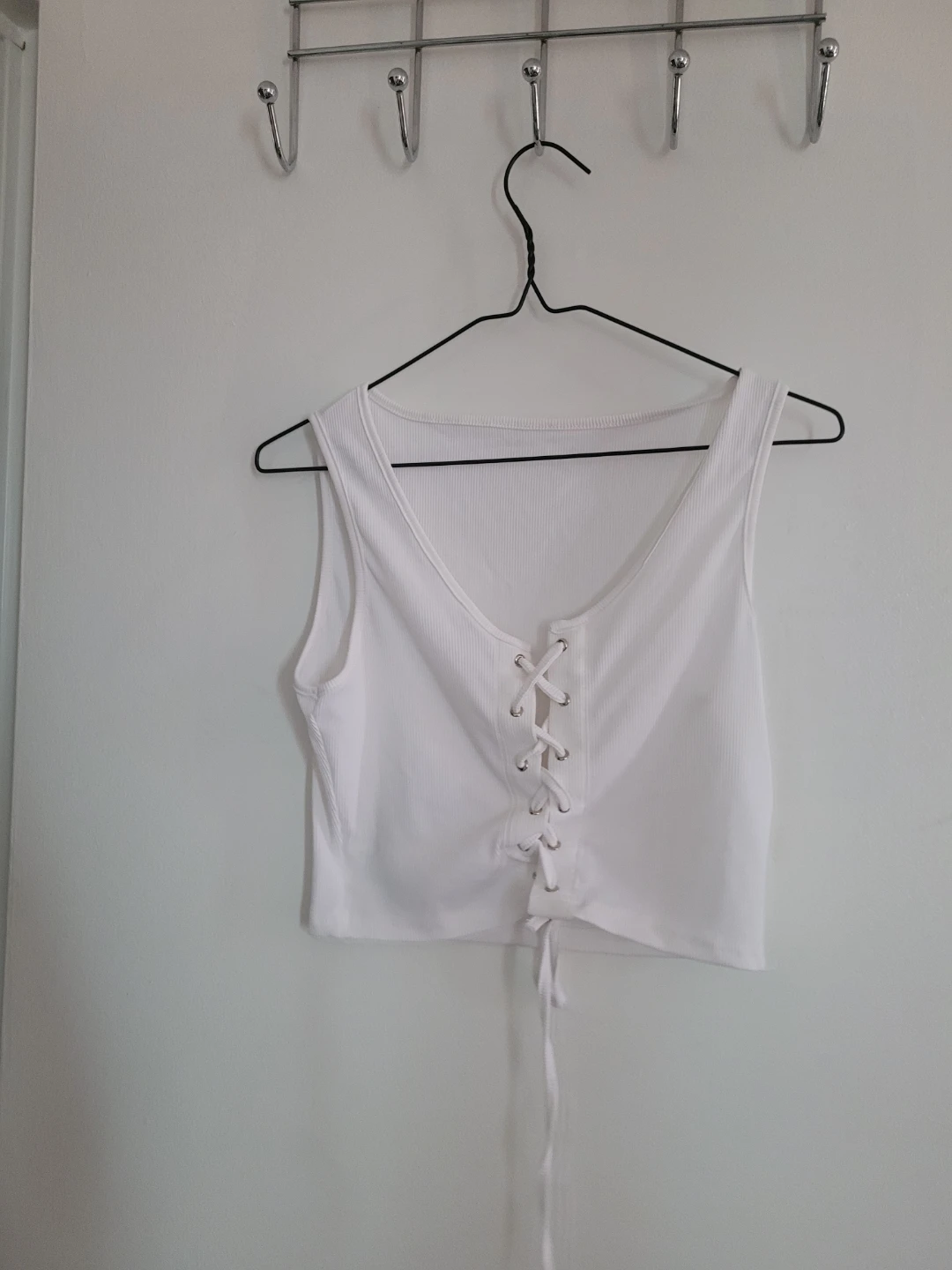 White Ribbed Lace-Up Crop Tank Top
