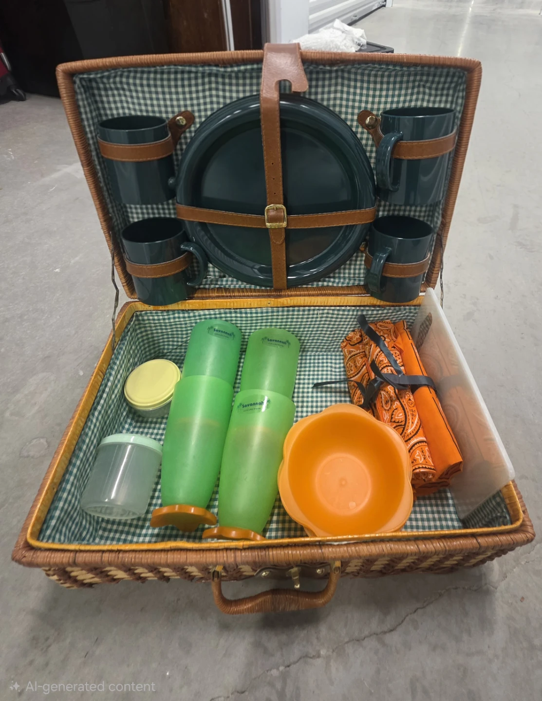 Wicker Picnic Basket Set with Green Mugs and Plates - photo 2