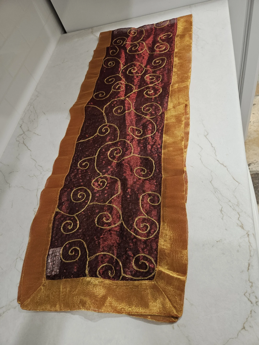 Decorative Table Runner - Burgundy & Gold Swirls