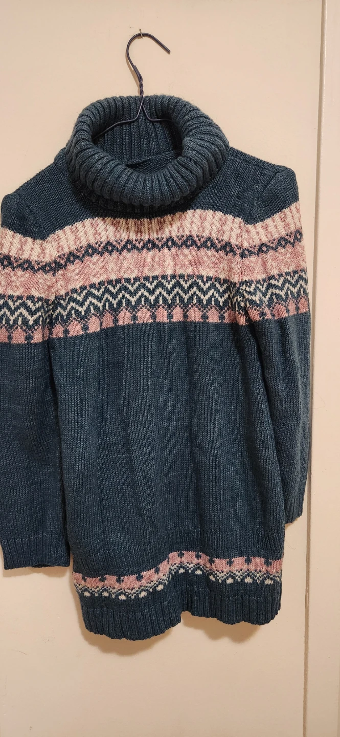 Teal and Pink Fair Isle Turtleneck Sweater