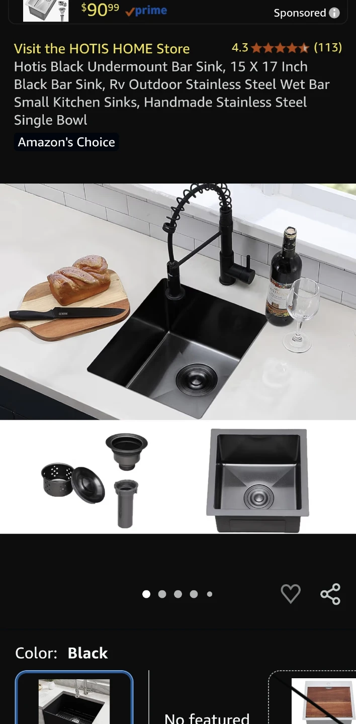 Hotis Home Stainless Steel Black Bar Sink - 15"x17"