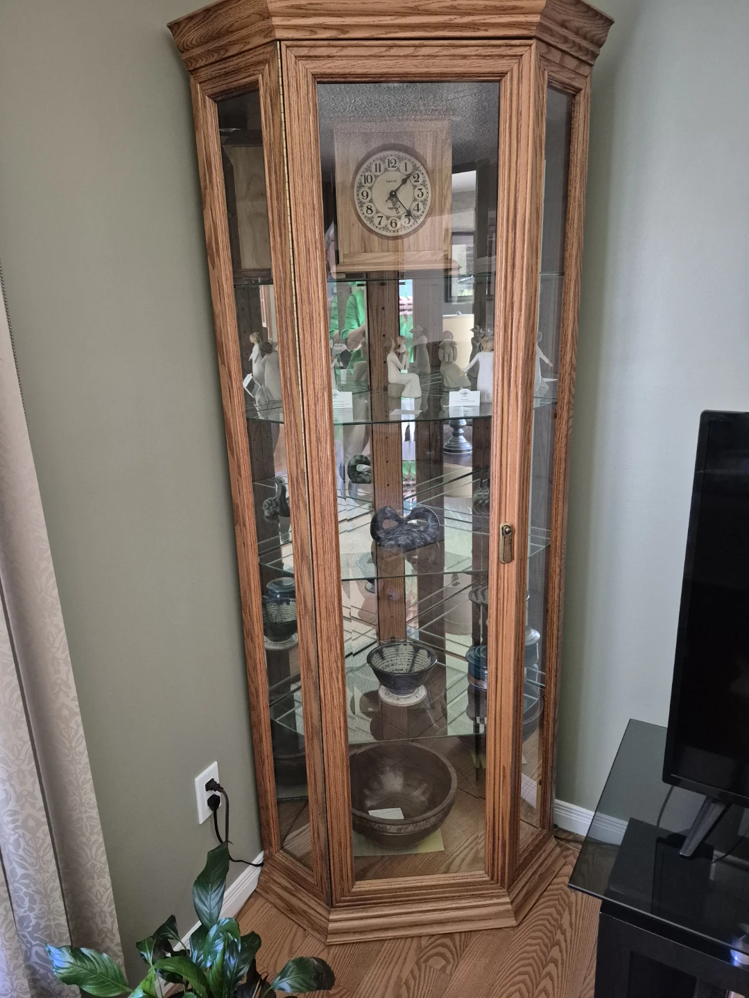 Oak Corner Display Cabinet with Clock