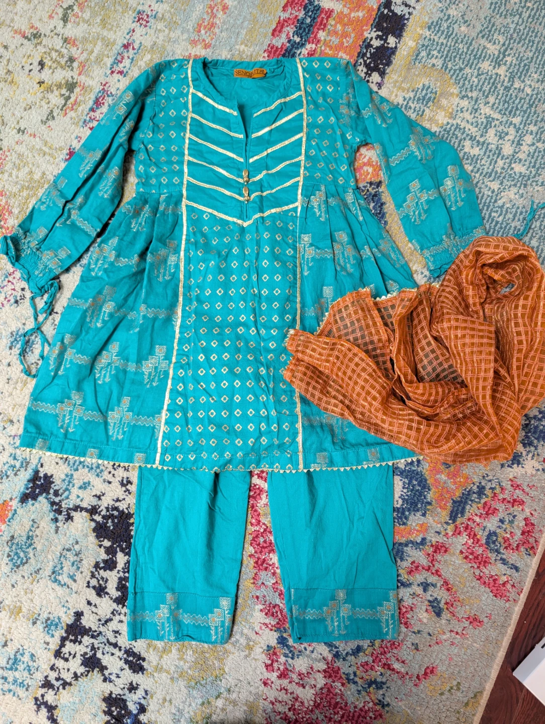 Teal Embroidered Kurti with Pants and Dupatta