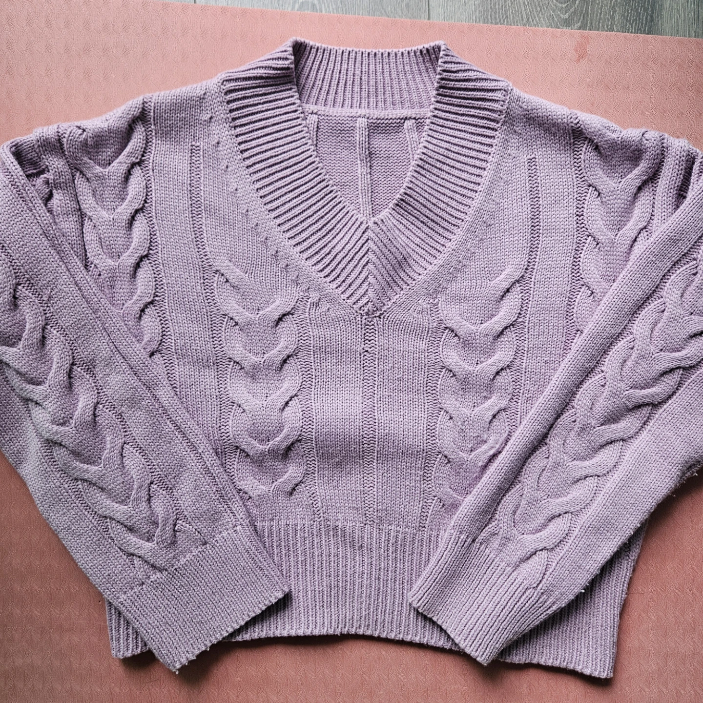 Purple Cable Knit V-Neck Sweater