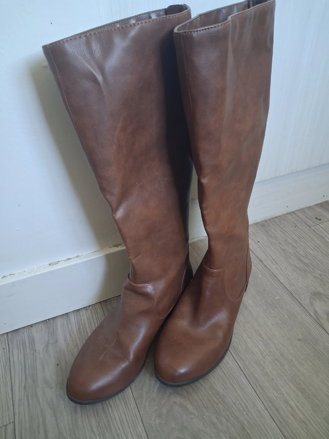 Brown Faux Leather Knee-High Boots