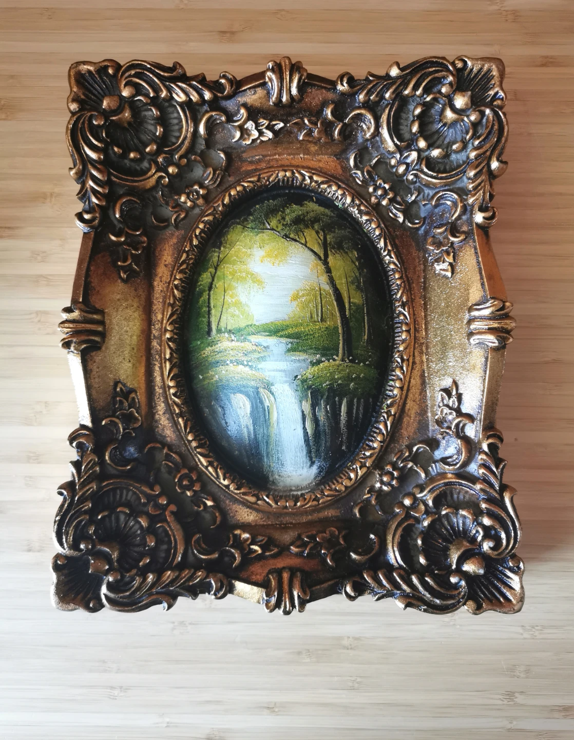 Vintage European Oil Landscape Painting Ornate Gilt Rococo Frame - photo 4