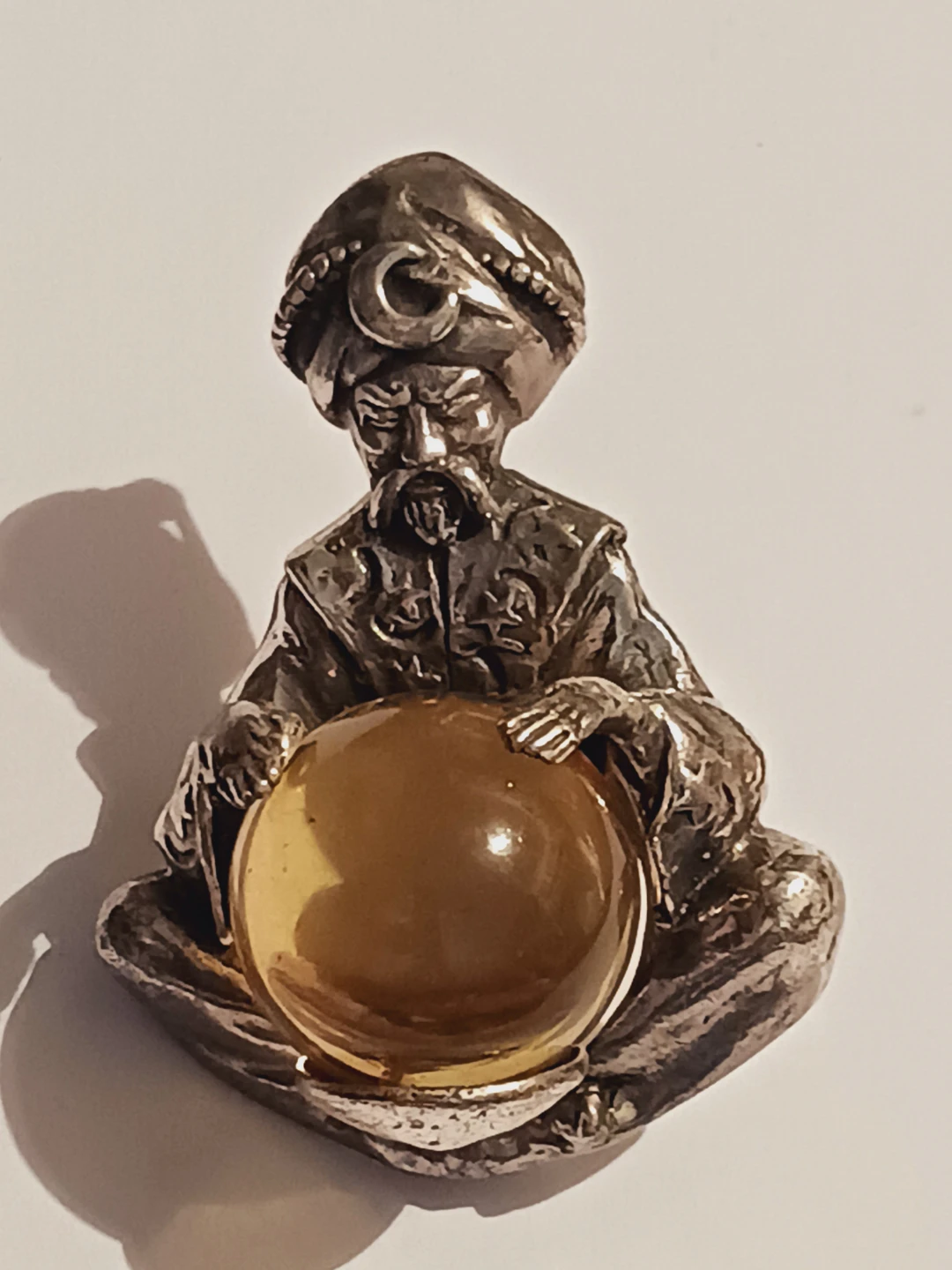 Thief of Baghdad Fortune Teller Figurine Brooch with Amber Stone