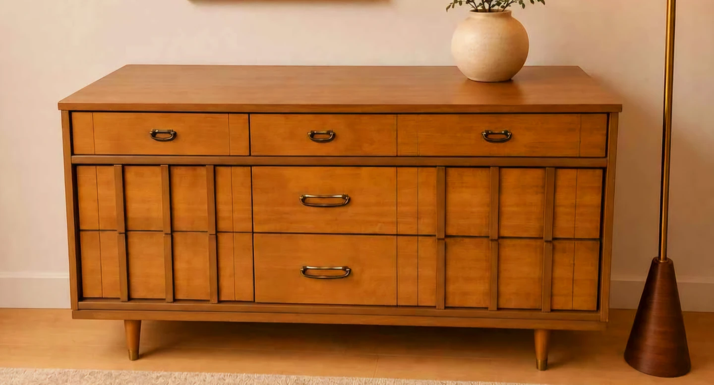 MCM Walnut 9 Drawer Dresser With Brass Handles - photo 2