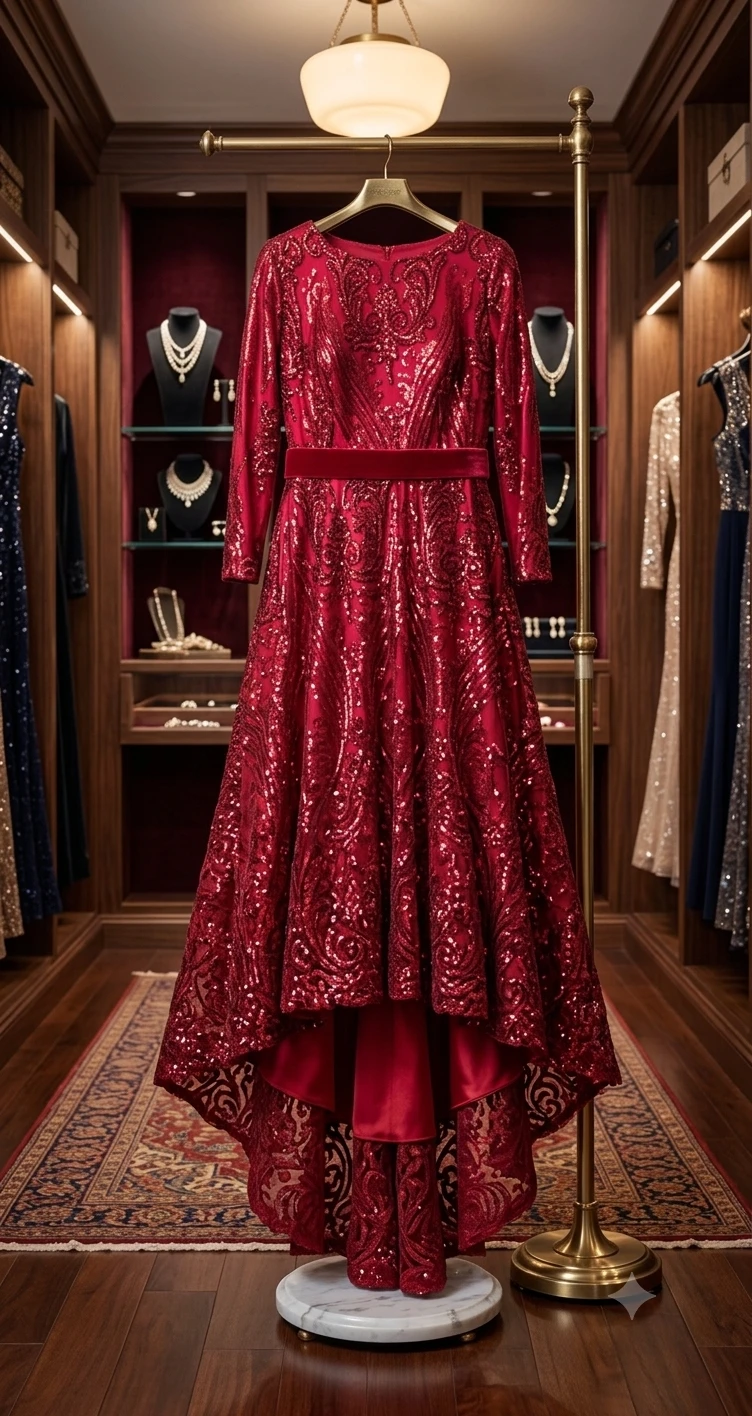 Red Sequin Long Sleeve Gown