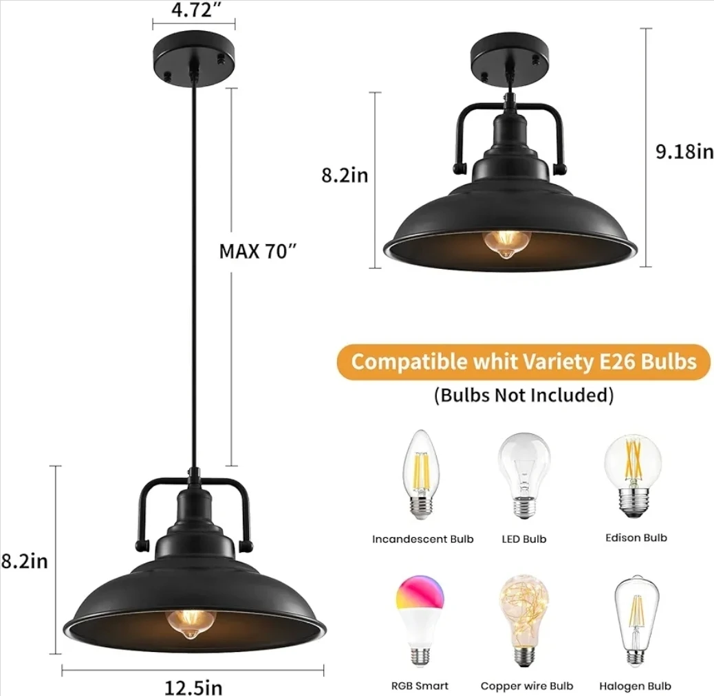 2 Pack Black Industrial Pendant Lights, 12 Inch - photo 2