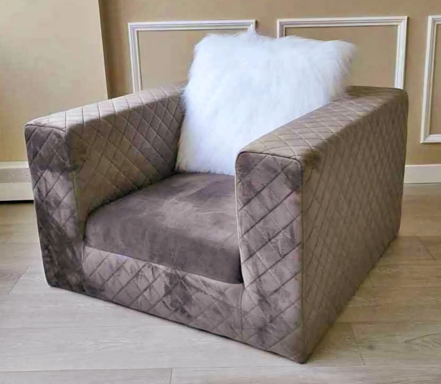 Brand New Grey Microsuede Quilted Chair With Throw Pillow