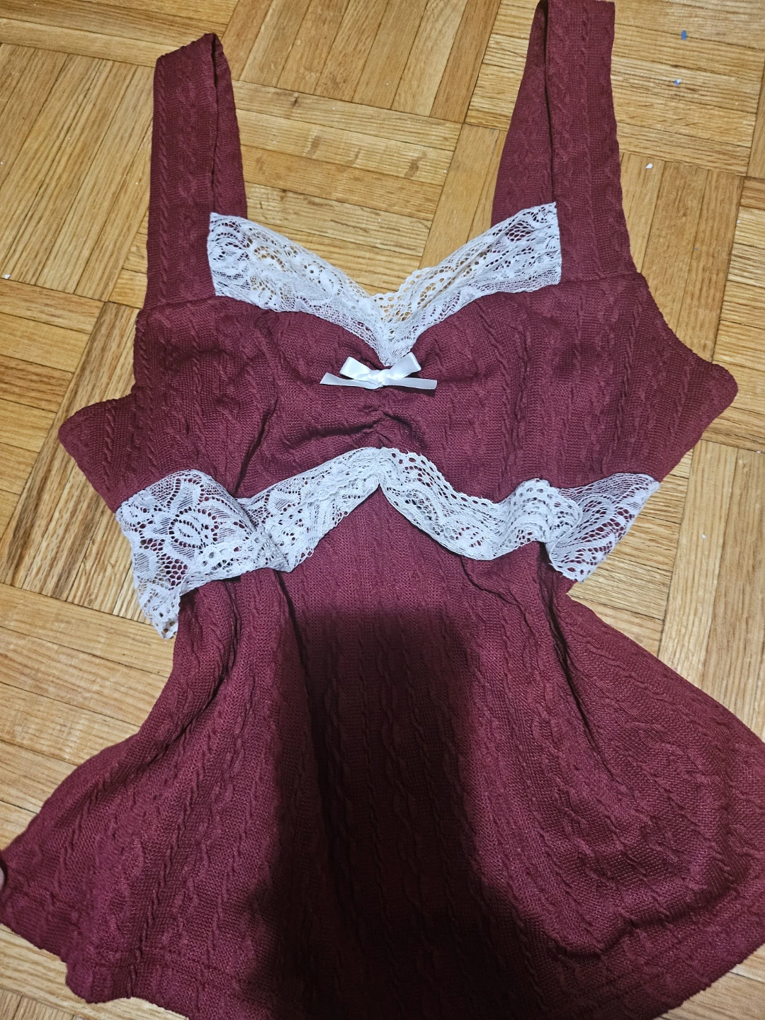 Maroon Knit tank top with White Lace Trim