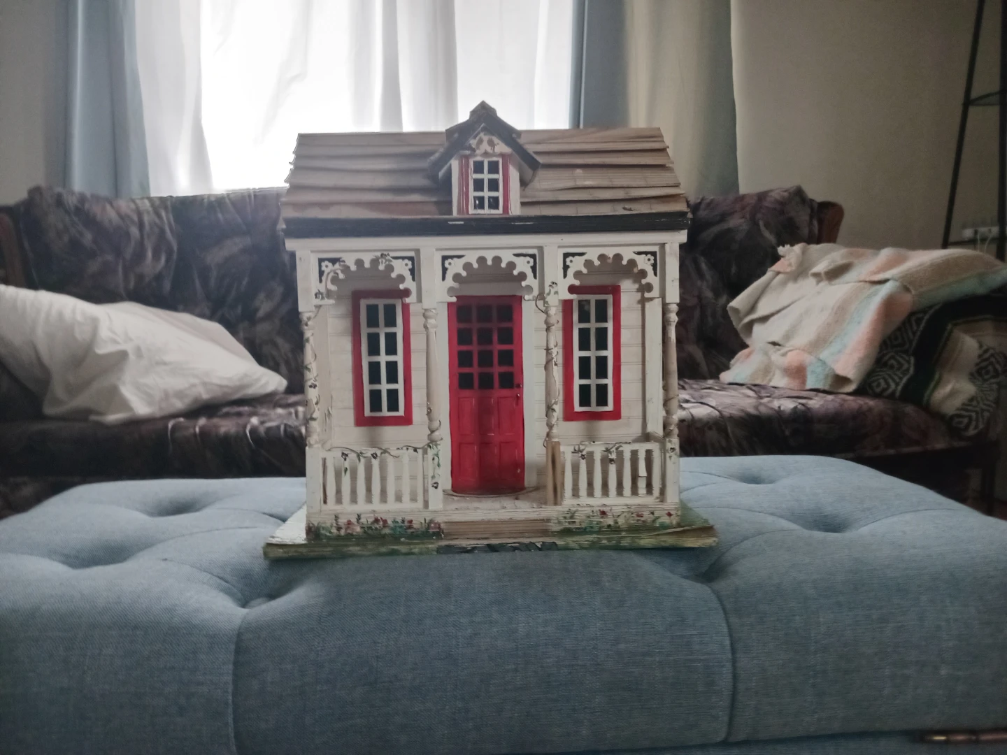 Vintage Dollhouse with Red Doors and Porch