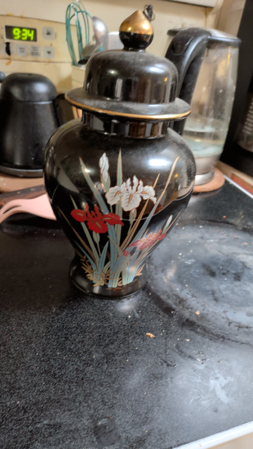 Vintage Black Ginger Jar with Iris Design