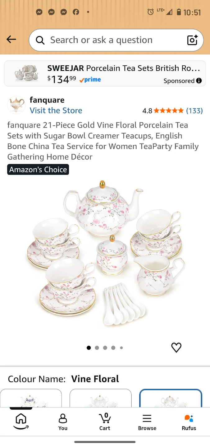 Fanquare 21-Piece Porcelain Tea Set - Vine Floral