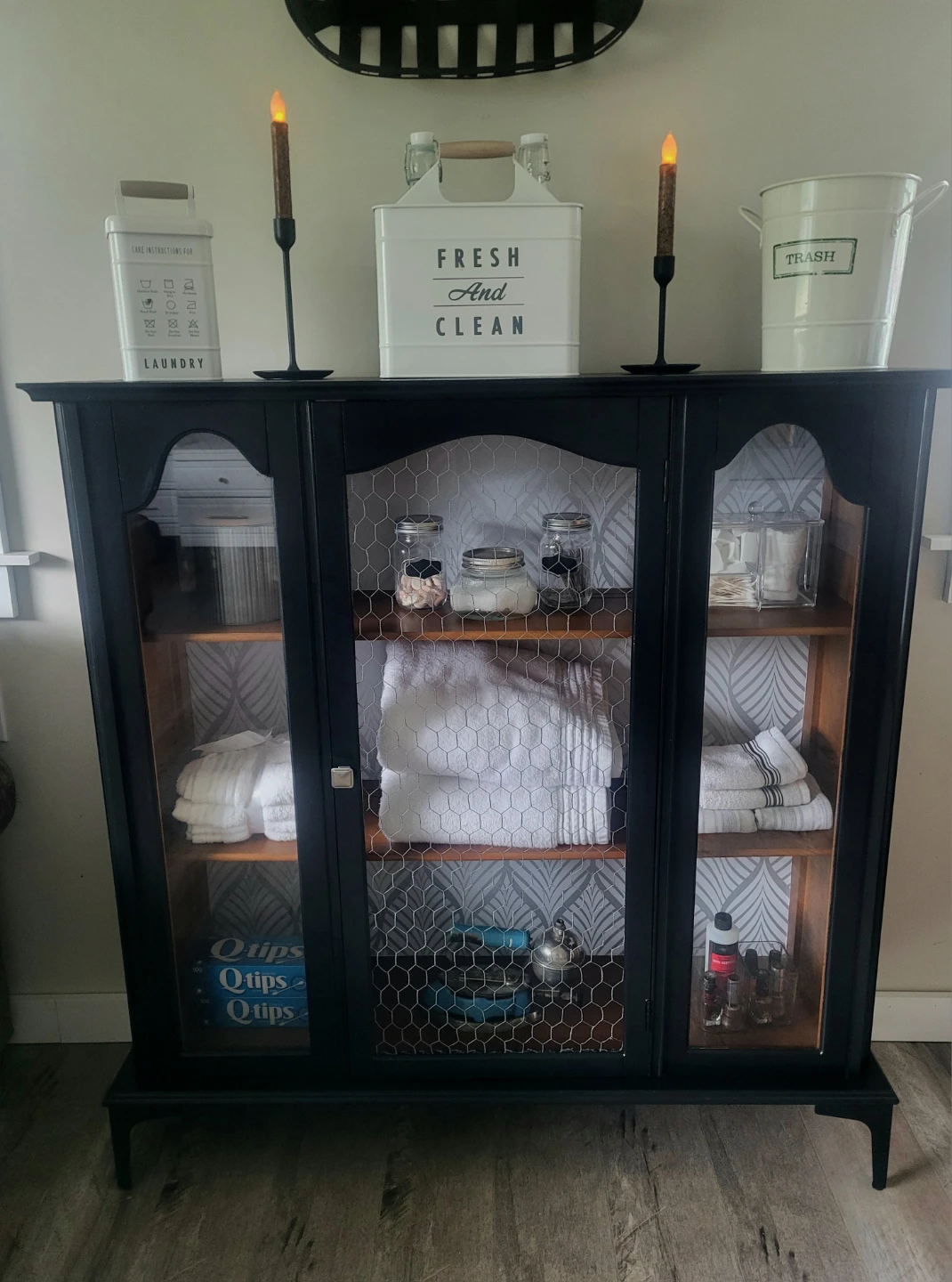 Black Bar Cabinet with Glass Doors and Chicken Wire Accent