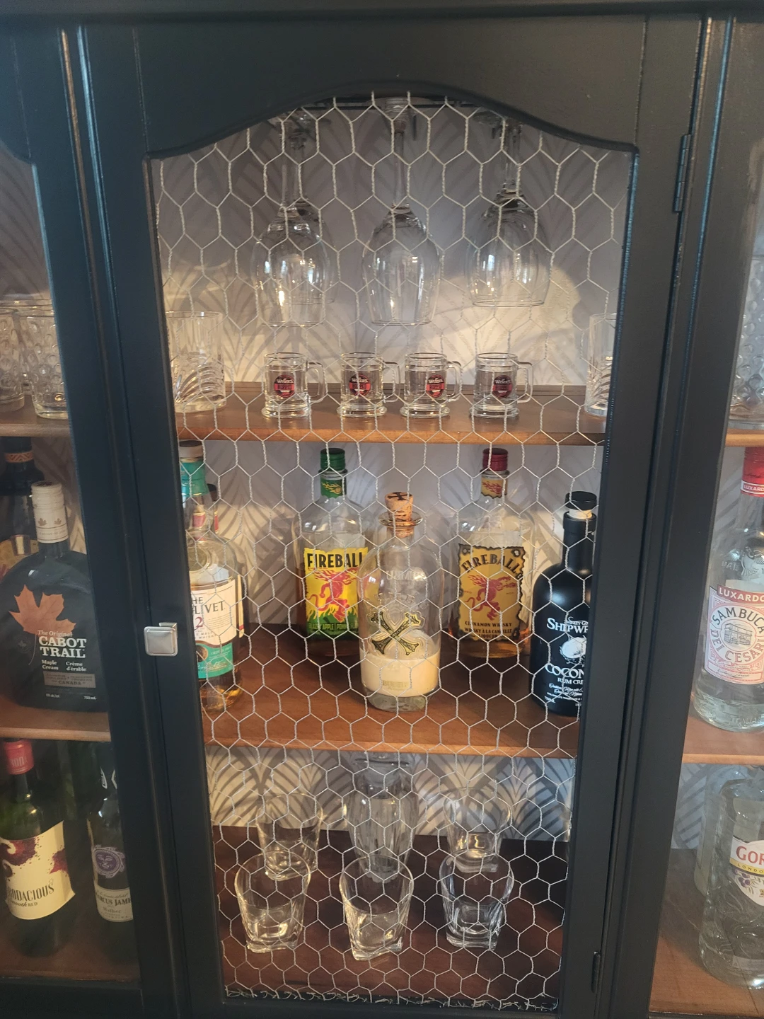 Black Bar Cabinet with Glass Doors and Chicken Wire Accent - photo 4