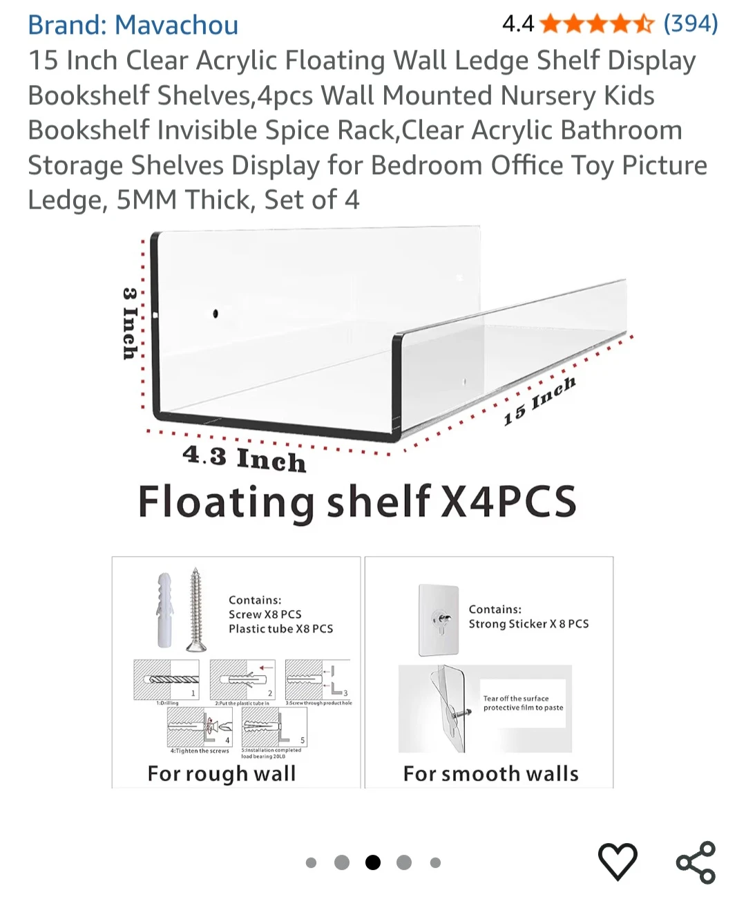 15 inch Clear Acrylic Floating Wall Mount Shelf Display - photo 3