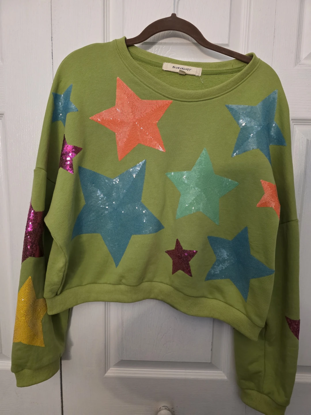 Blue Velvet Green Star Sequin Cropped Sweatshirt