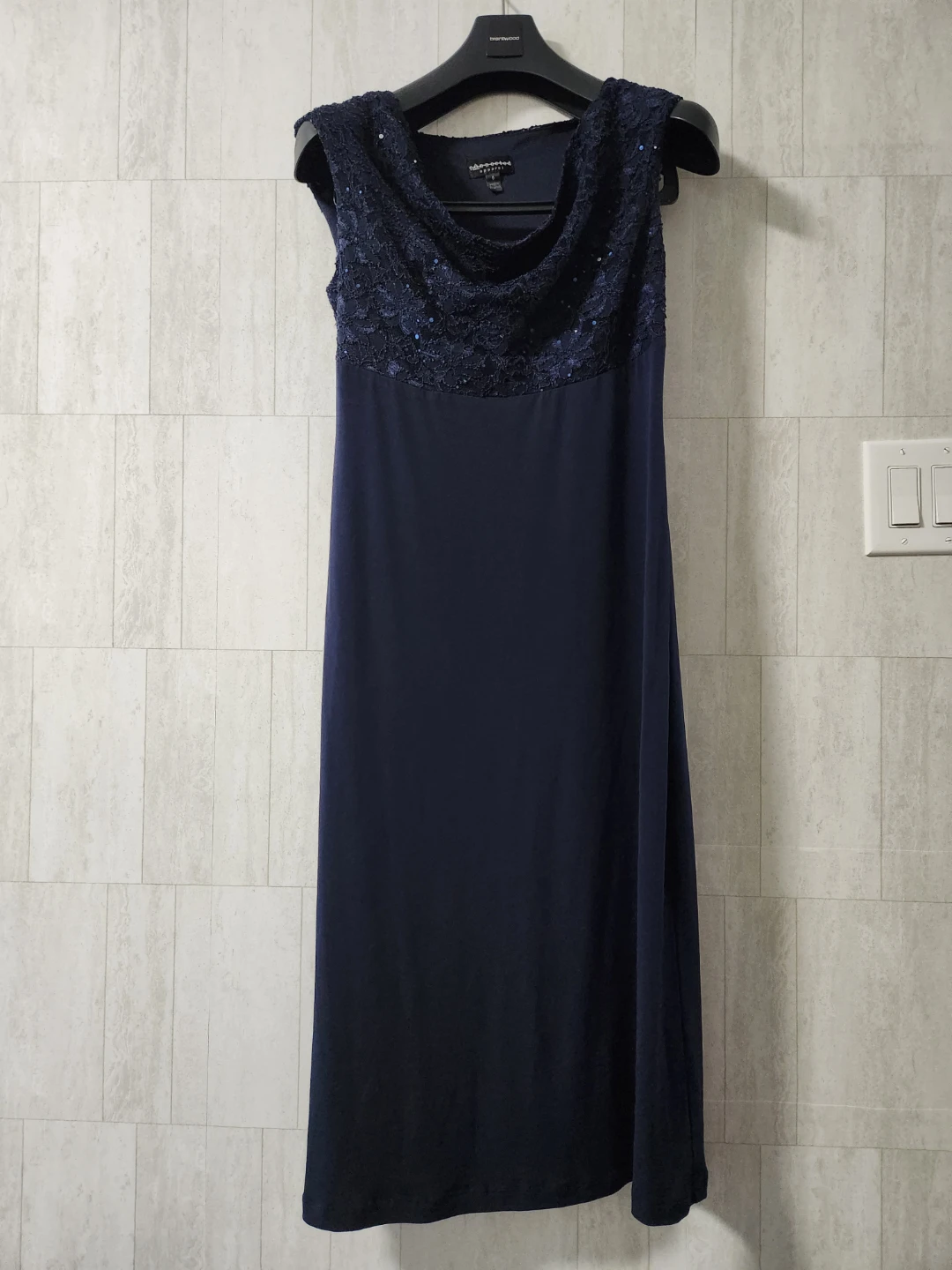 Alex Evenings Navy Blue Sequin Lace Cowl Neck Dress
