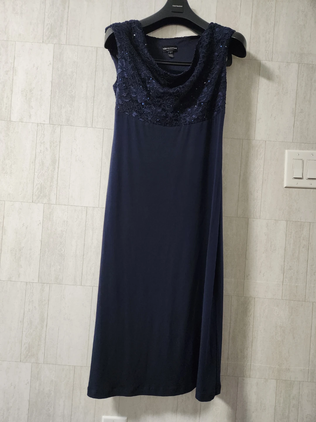 Alex Evenings Navy Blue Sequin Lace Cowl Neck Dress - photo 2