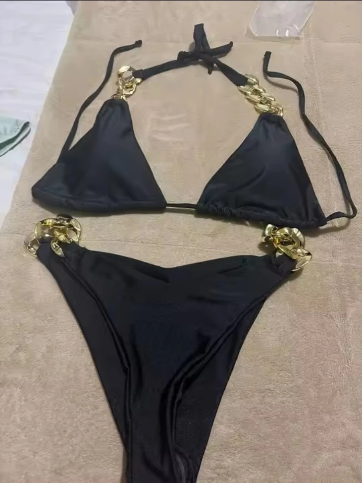 Black Bikini with Gold Chain Detail