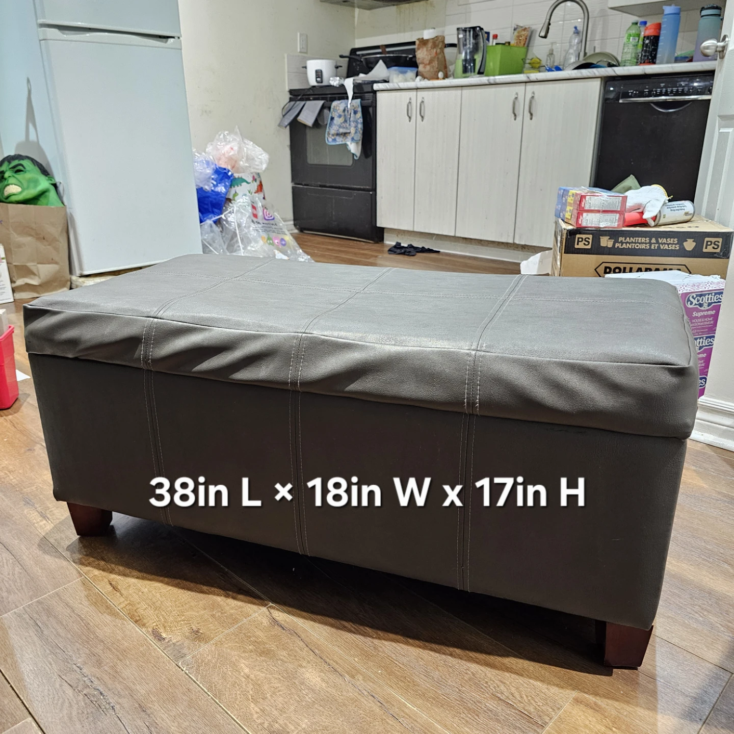 Dark Grey Faux Leather Storage Ottoman
