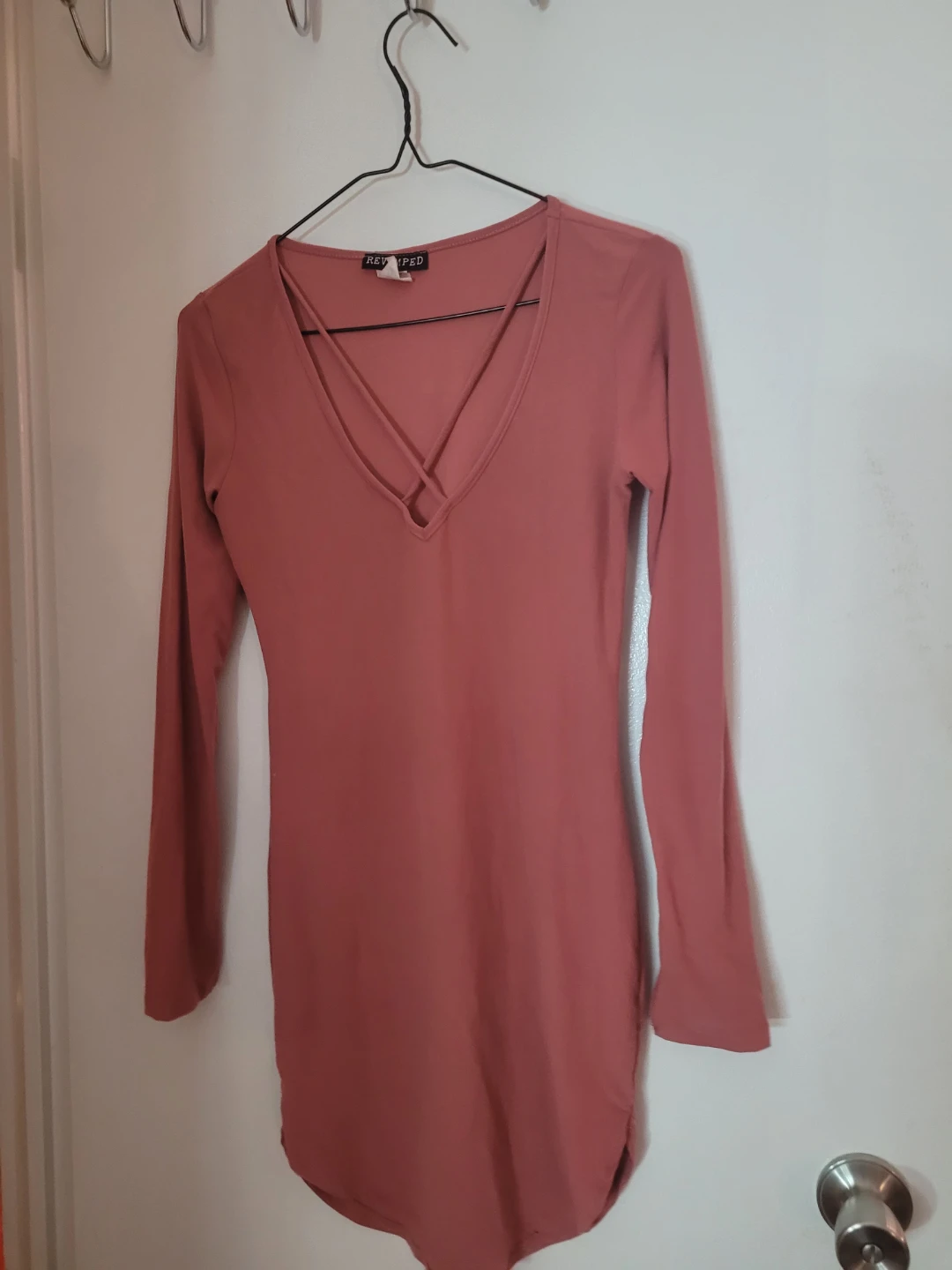Pink Long Sleeve Criss-Cross Neckline Dress