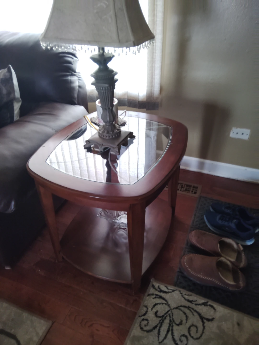 Leather sofa and luv seat and Wooden End Table with Glass Top - photo 2