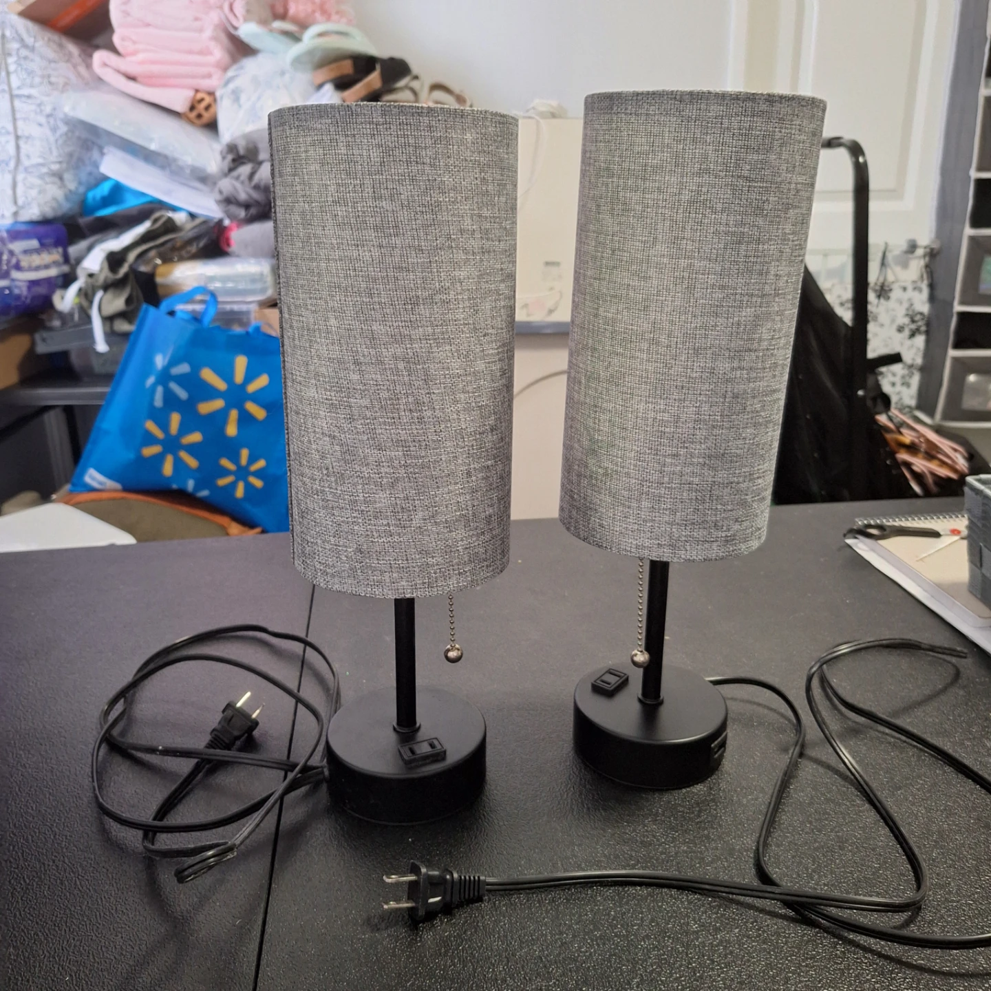Pair of Grey Fabric Table Lamps with USB Ports
