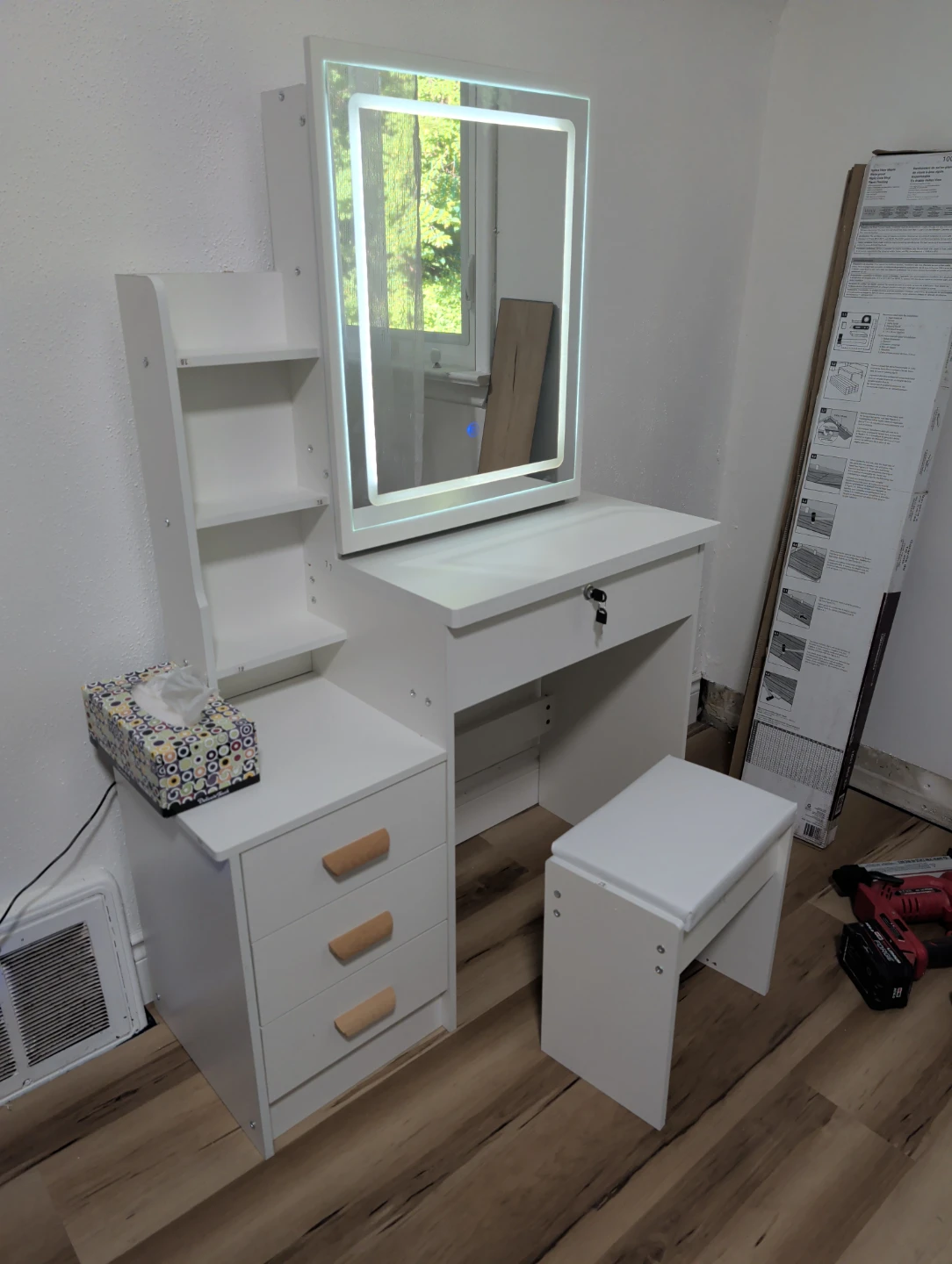 White Vanity Set with LED Mirror and Stool