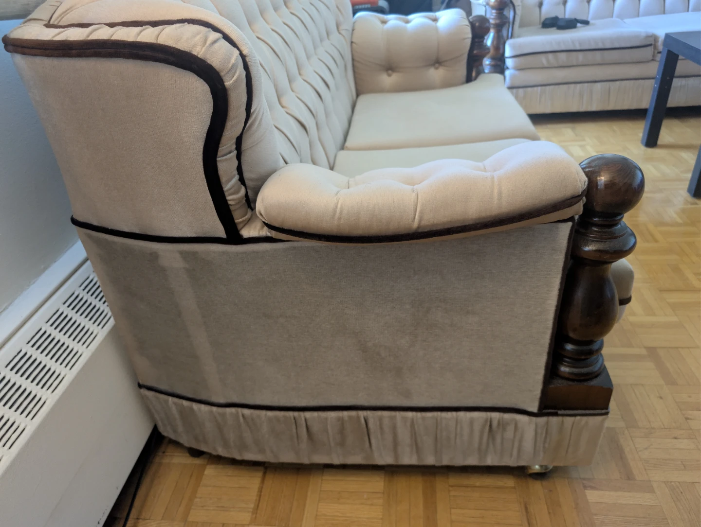 Cream Tufted Sofa with Dark Wood Accents - photo 2