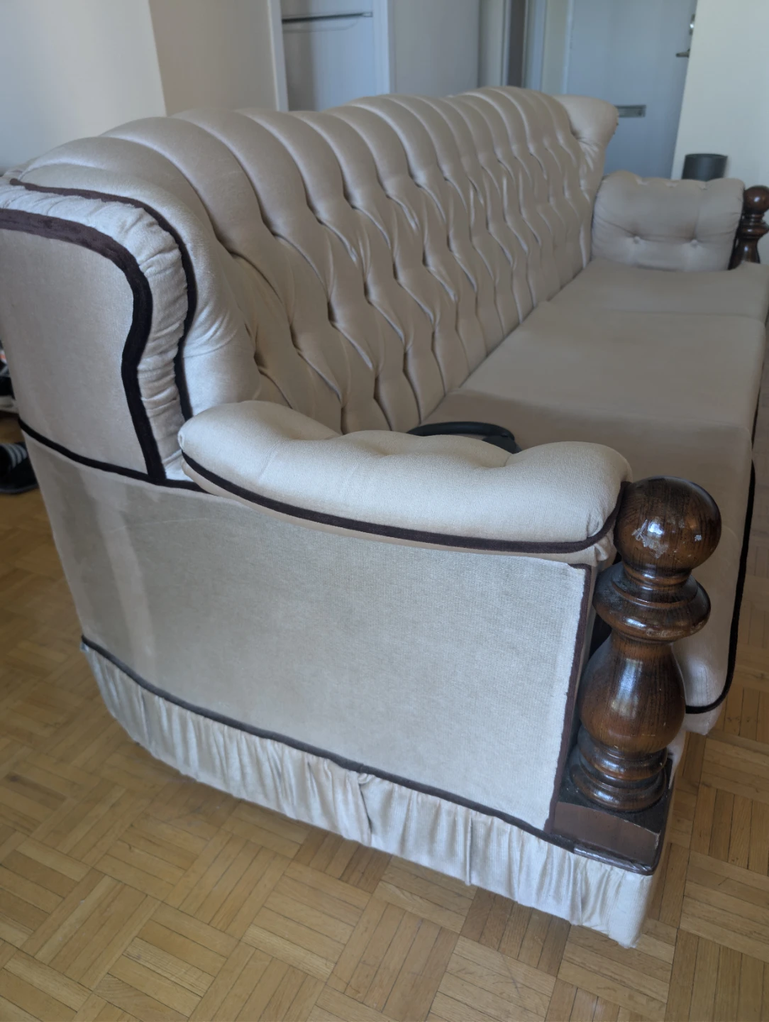 Cream Tufted Sofa with Dark Wood Accents - photo 3