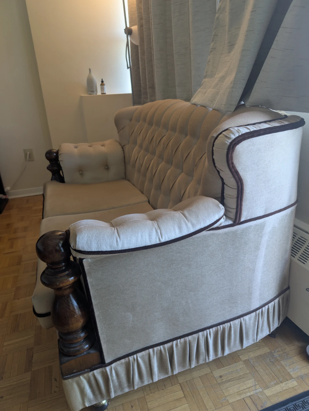 Cream Tufted Sofa with Dark Wood Accents - photo 4