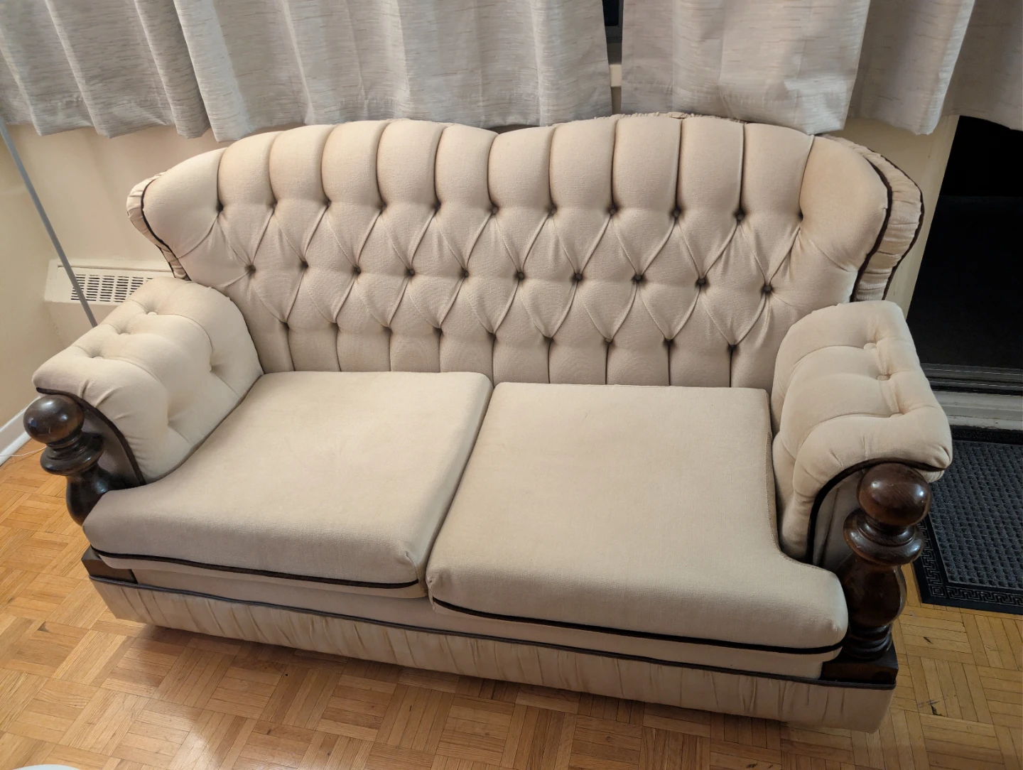 Cream Tufted Sofa with Dark Wood Accents - photo 5